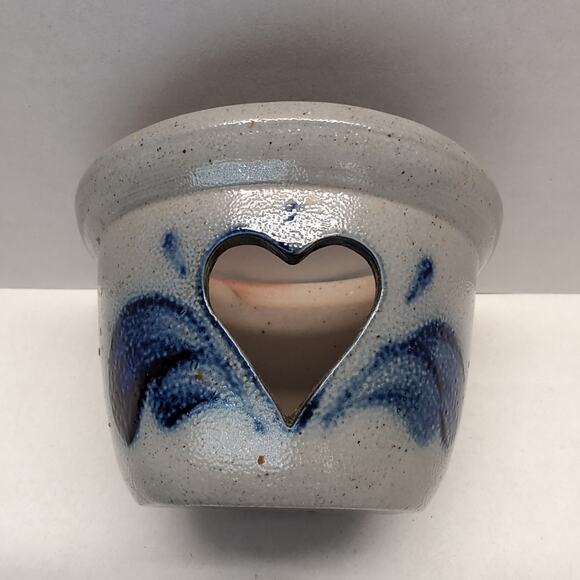 Rowe Pottery Works Heart Cutout Candle Crock Holder Votive Salt Glaze Folk Art - Picture 7 of 10